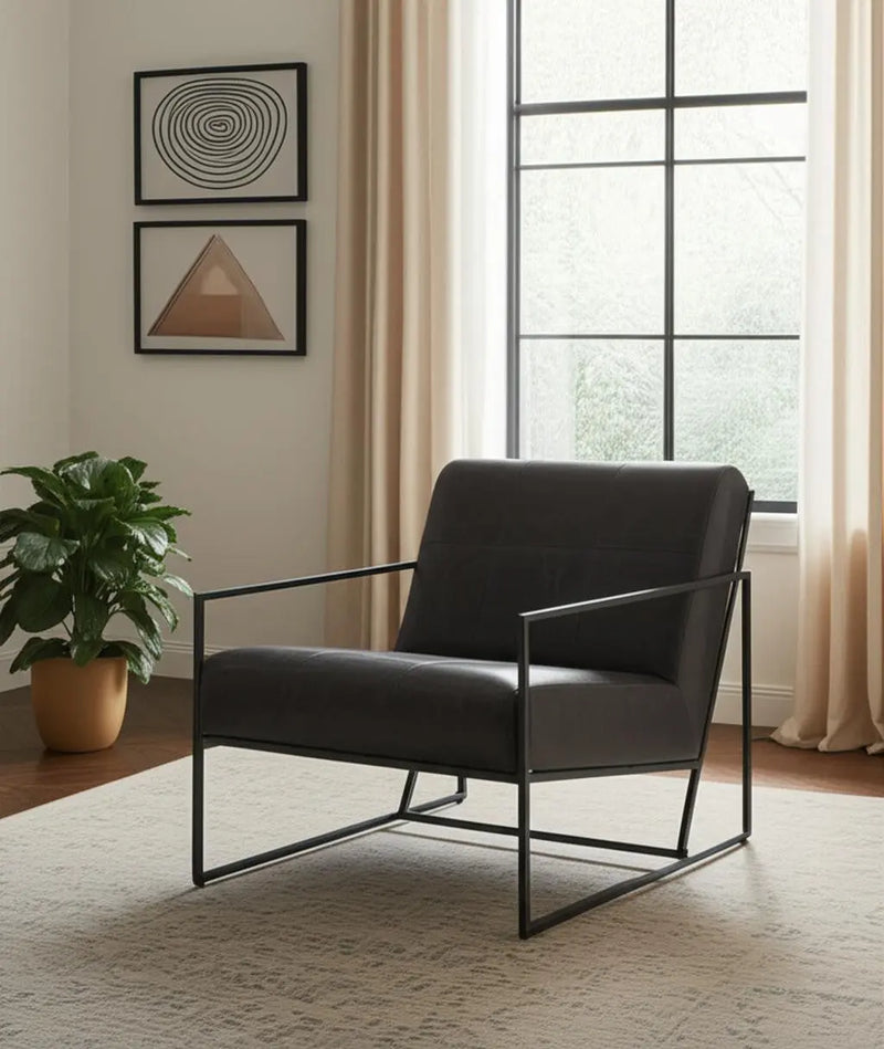 37" Black Genuine Leather and Metal Lounge Chair Homeroots Living Room