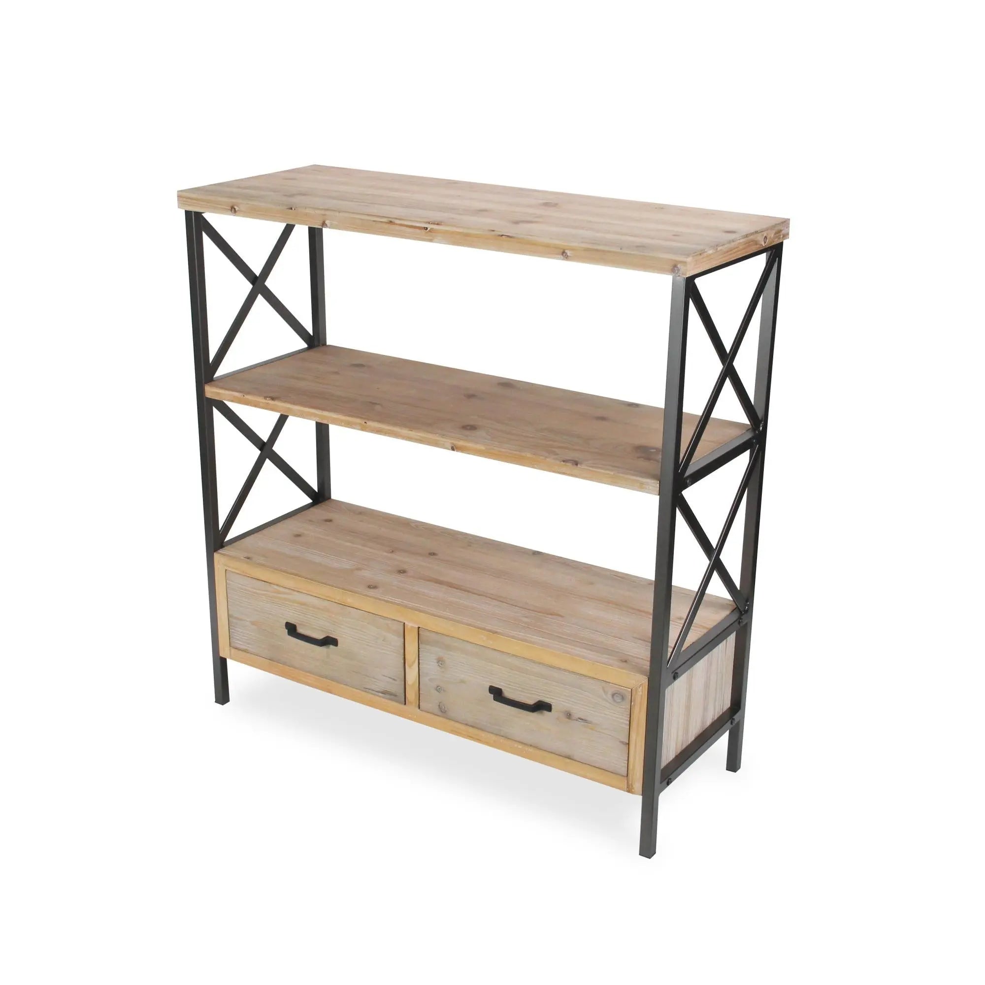 37" Brown Distressed Metal and Wood Three Tier Etagere Bookcase with Two Drawers Homeroots Office