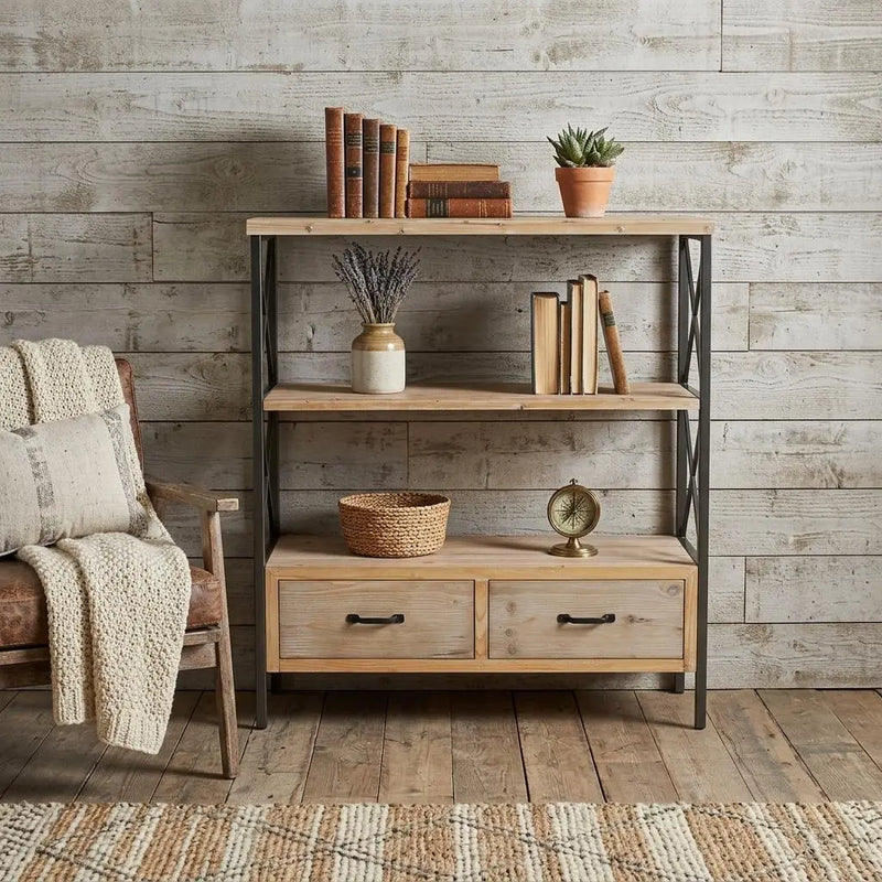 37" Brown Distressed Metal and Wood Three Tier Etagere Bookcase with Two Drawers Homeroots Office