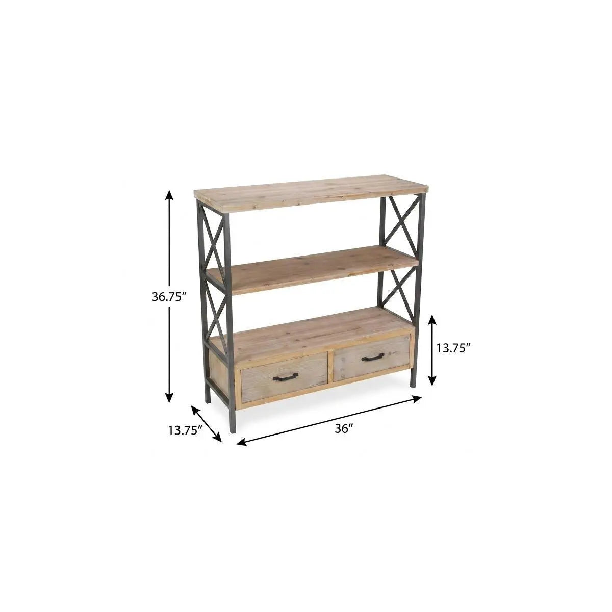 37" Brown Distressed Metal and Wood Three Tier Etagere Bookcase with Two Drawers Homeroots Office