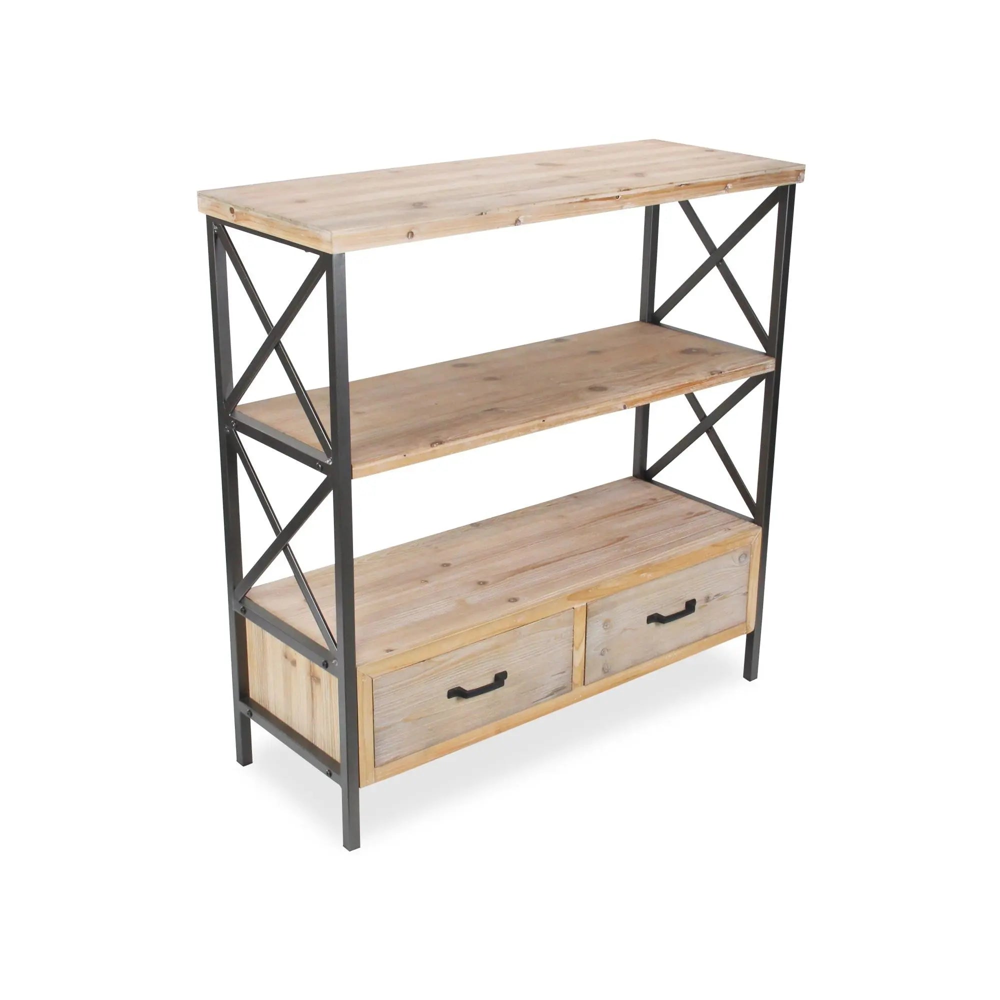 37" Brown Distressed Metal and Wood Three Tier Etagere Bookcase with Two Drawers Homeroots Office