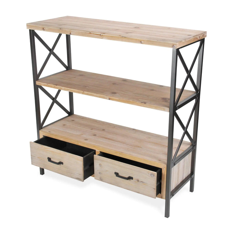 37" Brown Distressed Metal and Wood Three Tier Etagere Bookcase with Two Drawers Homeroots Office