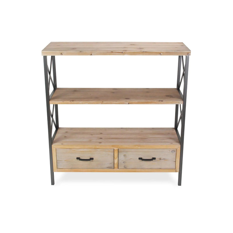 37" Brown Distressed Metal and Wood Three Tier Etagere Bookcase with Two Drawers Homeroots Office