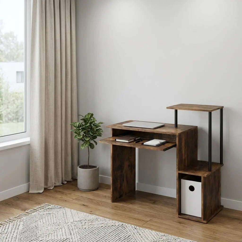 37" Oak and Black Wood and Metal Computer Desk Homeroots Office