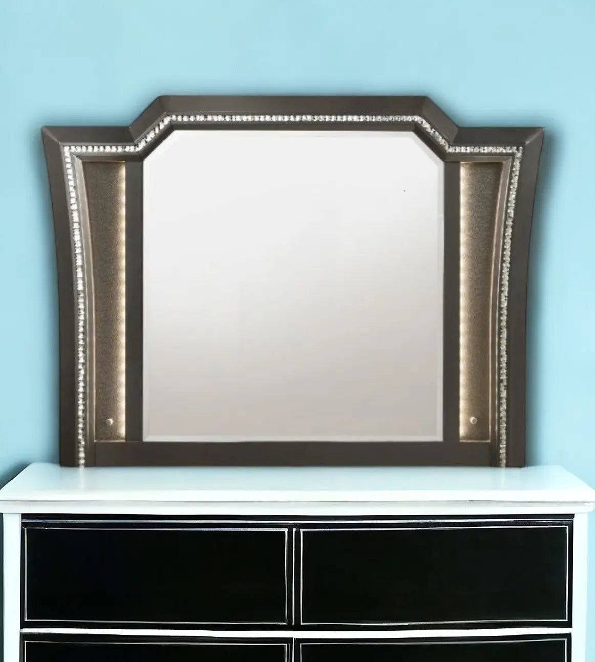 38" Gunmetal Lighted Abstract Wood Framed Mounted Dresser Mirror Homeroots Bed & Bath