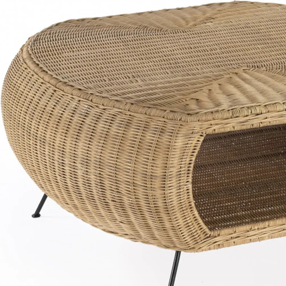 38" Natural and Black Rattan and Iron Oval Coffee Table Homeroots Living Room