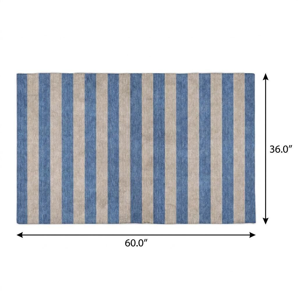 3' X 5' Tan And Navy Blue Striped Shag Washable Area Rug With UV Protection - Home & Garden