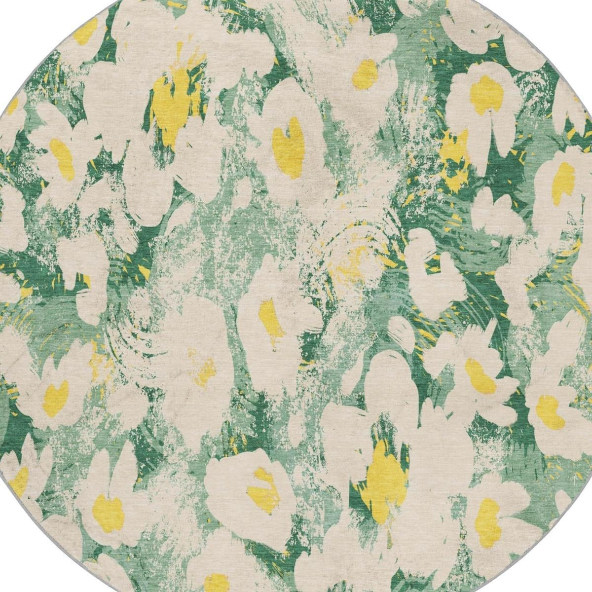 8' Green And Gold Floral Shag Washable Round Rug With UV Protection - Home & Garden