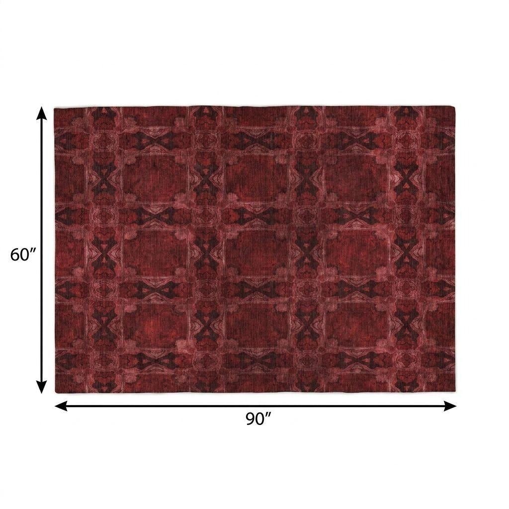 5' X 8' Burgundy And Red Geometric Shag Washable Area Rug With UV Protection - Home & Garden