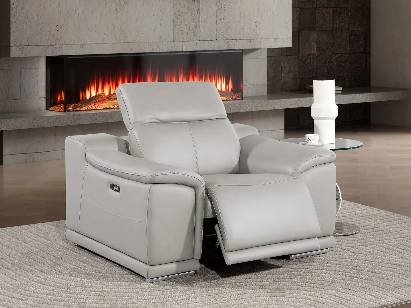 39" Ash Gray Genuine Leather Wall Hugger Power Recliner With USB Homeroots Living Room