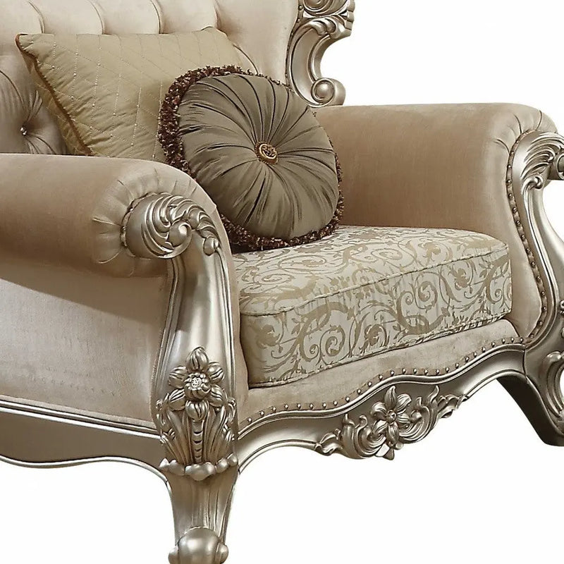 39" Champagne Fabric Damask Chair and a Half And Toss Pillows - GreatEagleInc