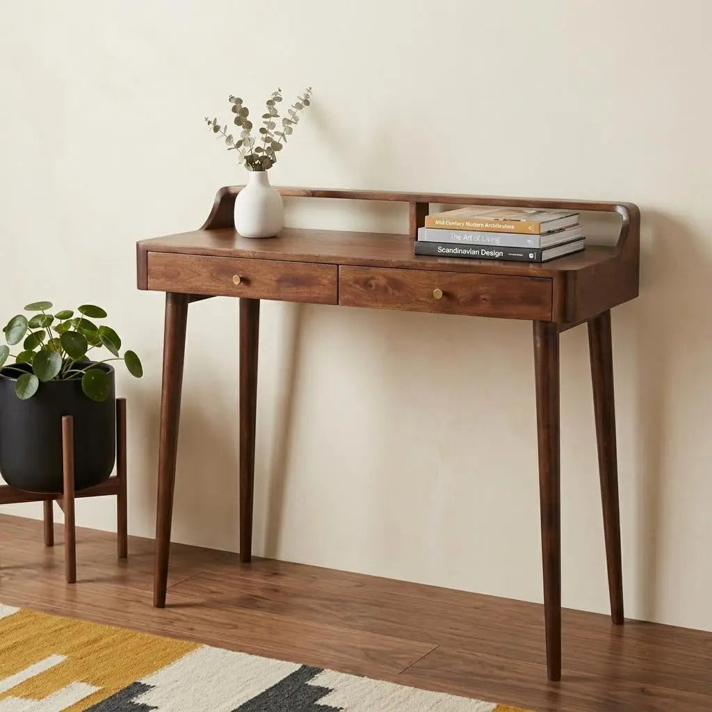 39" Chestnut Solid Wood Console Table With Shelf And Two Drawers Homeroots Living Room