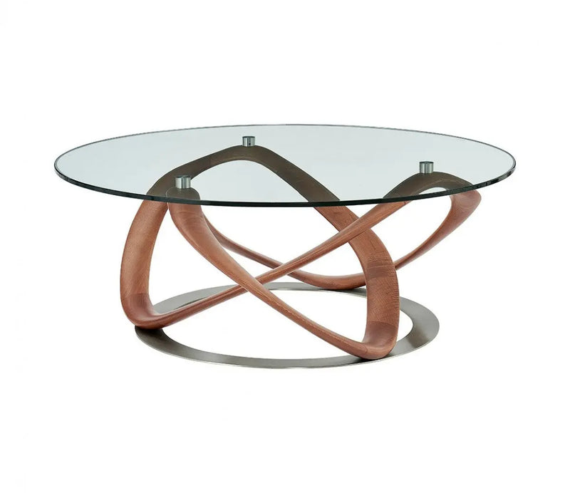 39" Clear and Brown Glass And Solid Wood Round Abstract Coffee Table Homeroots Living Room