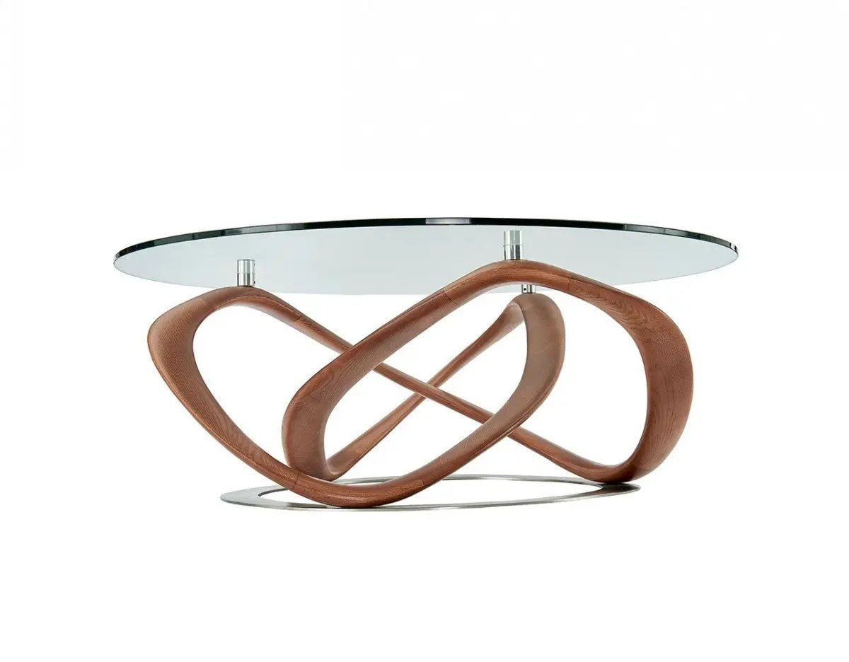 39" Clear and Brown Glass And Solid Wood Round Abstract Coffee Table Homeroots Living Room