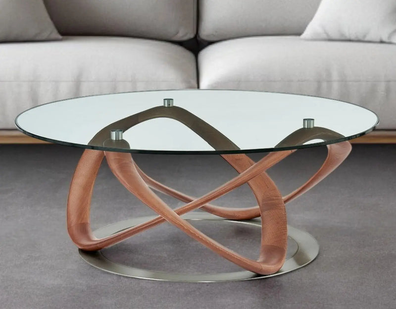 39" Clear and Brown Glass And Solid Wood Round Abstract Coffee Table Homeroots Living Room