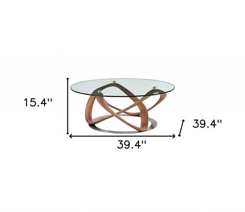 39" Clear and Brown Glass And Solid Wood Round Abstract Coffee Table Homeroots Living Room