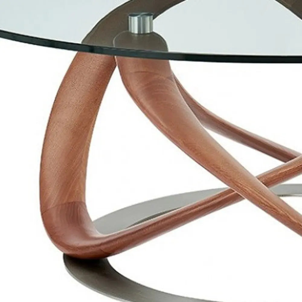39" Clear and Brown Glass And Solid Wood Round Abstract Coffee Table Homeroots Living Room