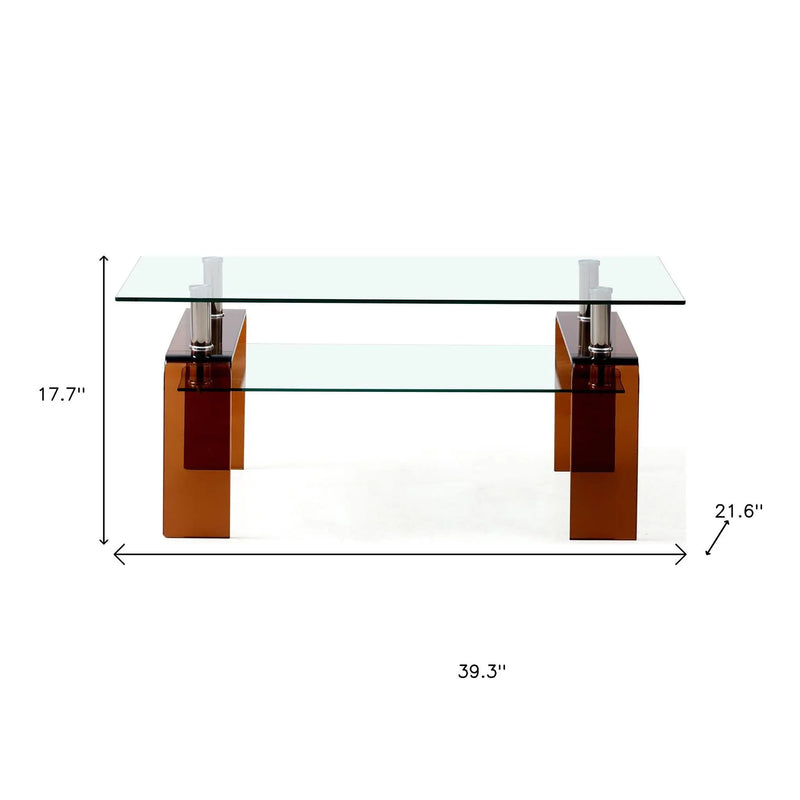 39" Clear and Brown Glass Coffee Table With Shelf Homeroots Living Room