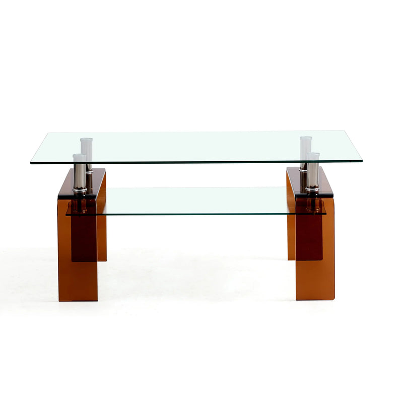 39" Clear and Brown Glass Coffee Table With Shelf Homeroots Living Room