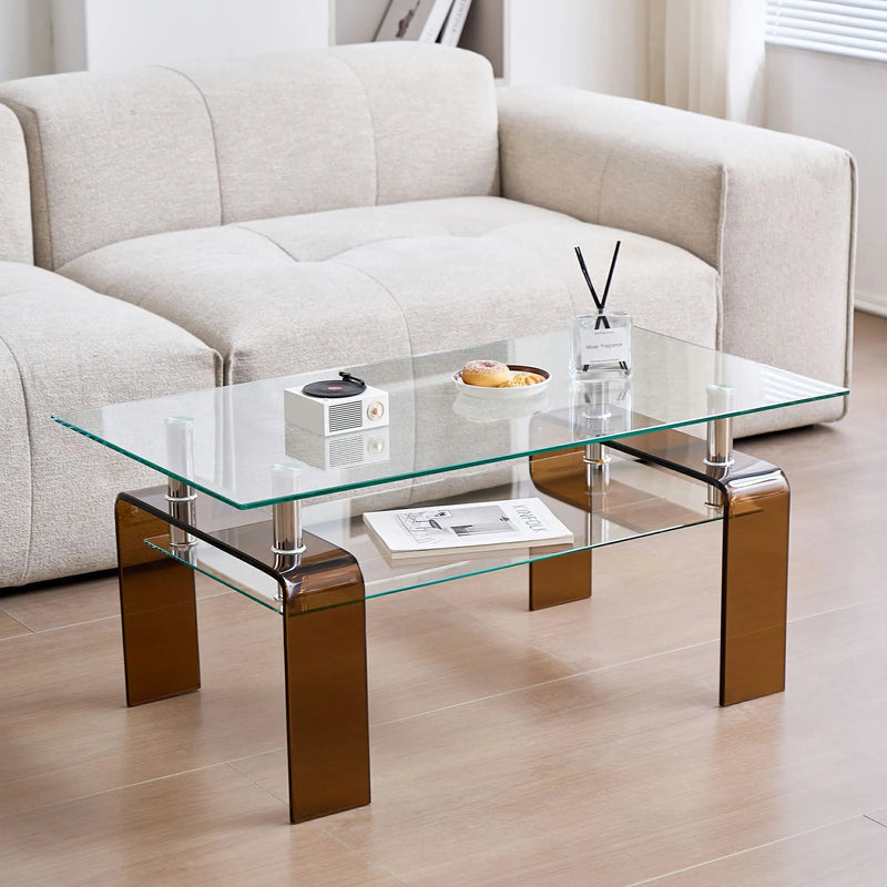 39" Clear and Brown Glass Coffee Table With Shelf Homeroots Living Room