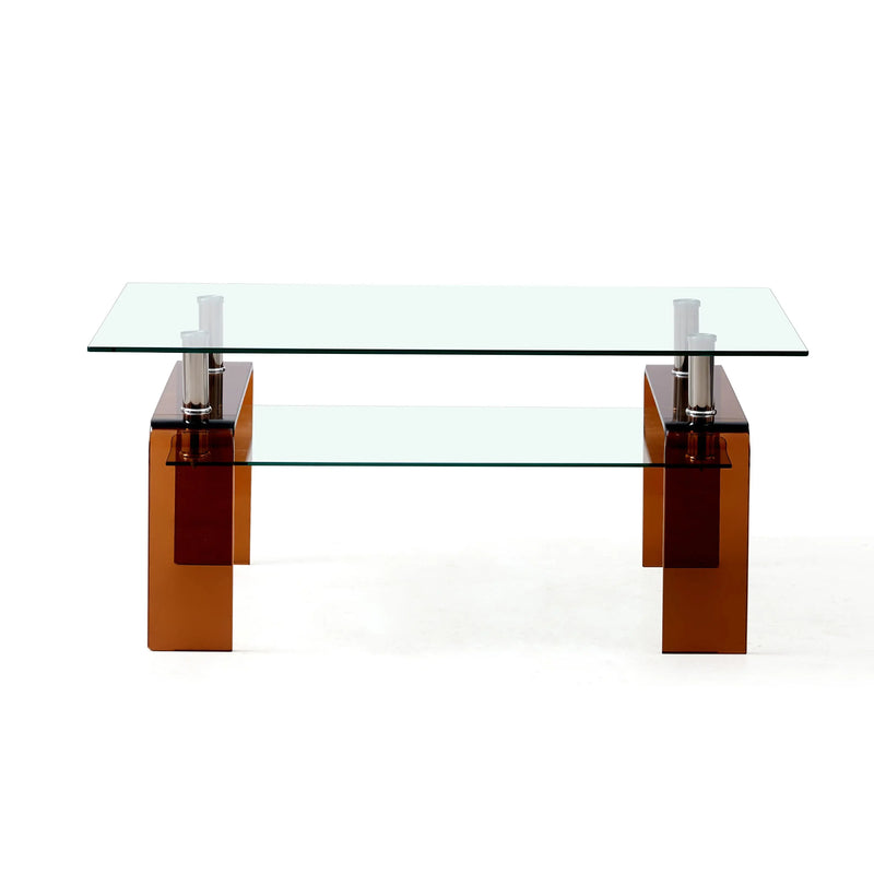 39" Clear and Brown Glass Coffee Table With Shelf Homeroots Living Room