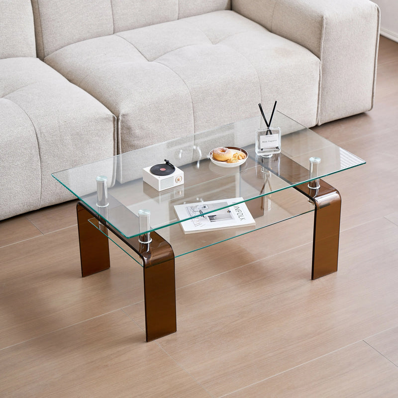 39" Clear and Brown Glass Coffee Table With Shelf Homeroots Living Room
