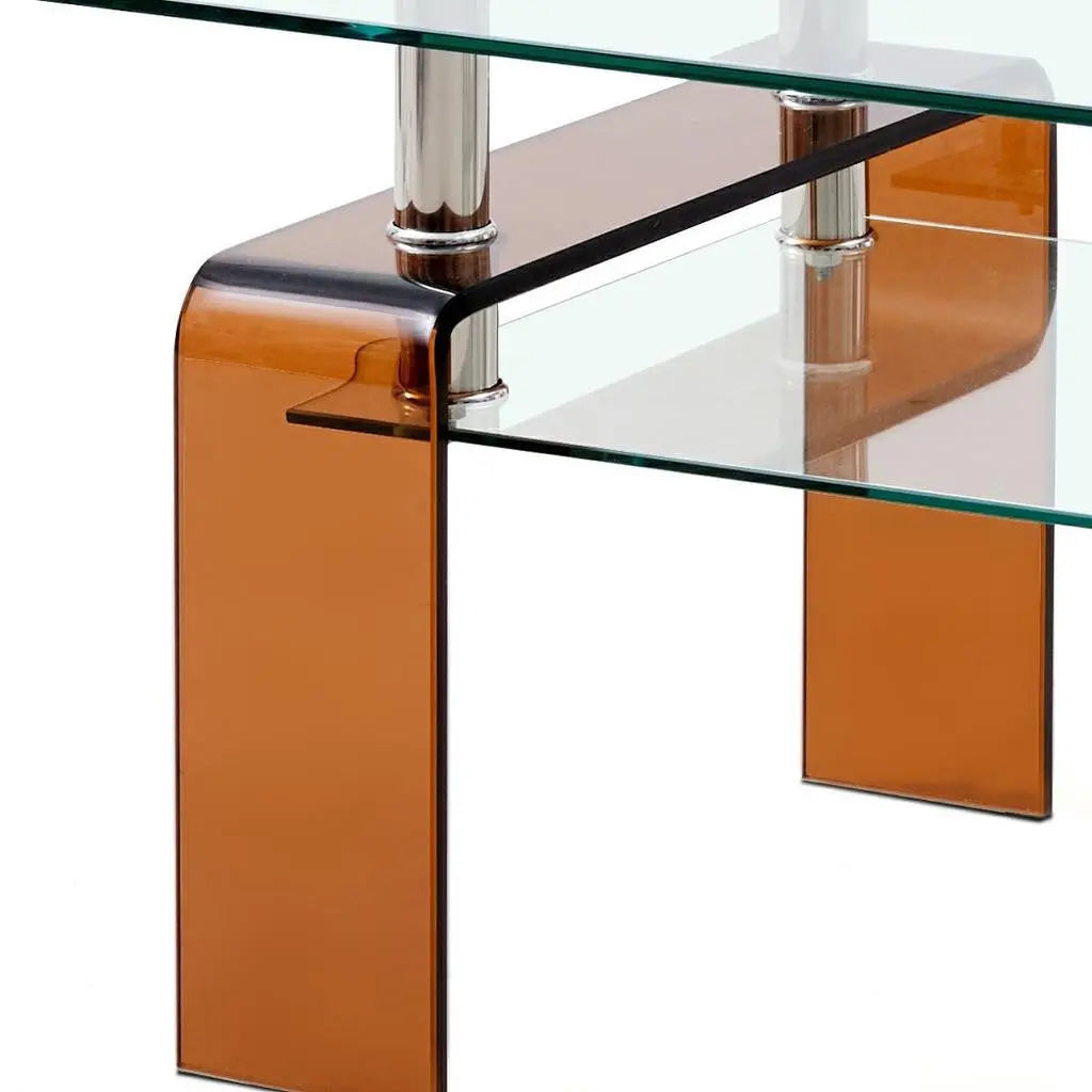 39" Clear and Brown Glass Coffee Table With Shelf Homeroots Living Room