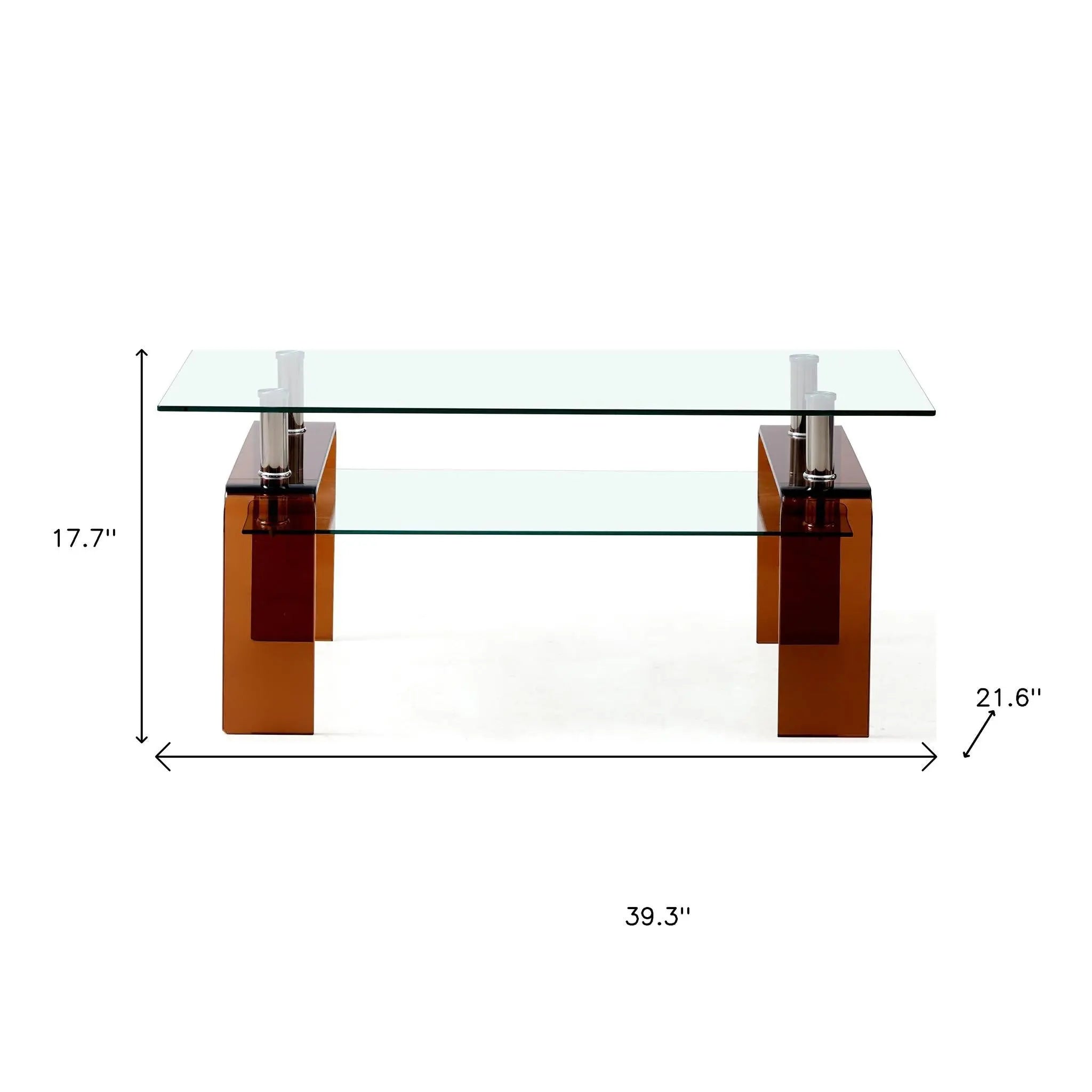 39" Clear and Brown Glass Coffee Table With Shelf Homeroots Living Room
