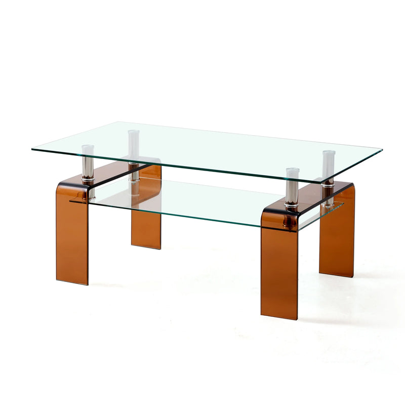 39" Clear and Brown Glass Coffee Table With Shelf Homeroots Living Room
