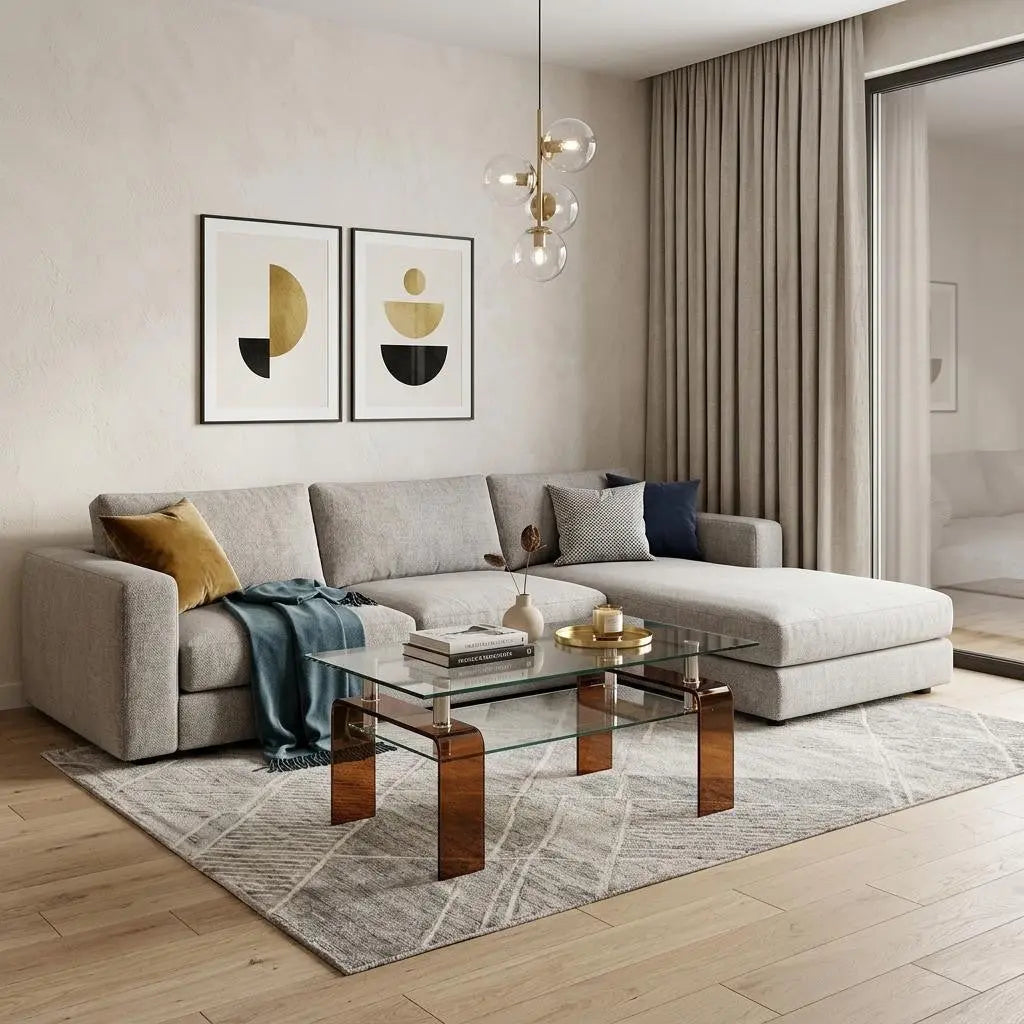39" Clear and Brown Glass Coffee Table With Shelf Homeroots Living Room
