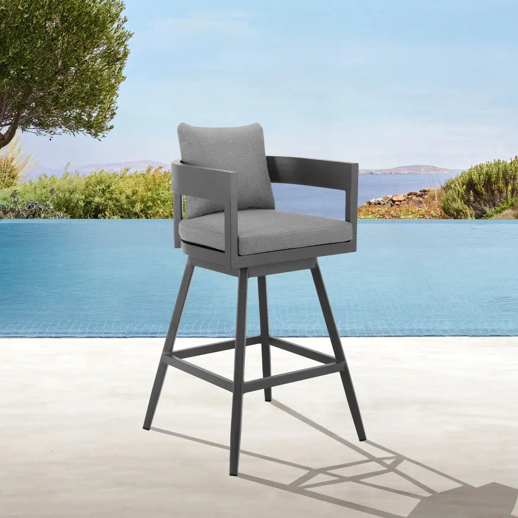 39" Dark Gray Metal Swivel Low back Outdoor Bar Height chair with Footrest Homeroots Outdoor