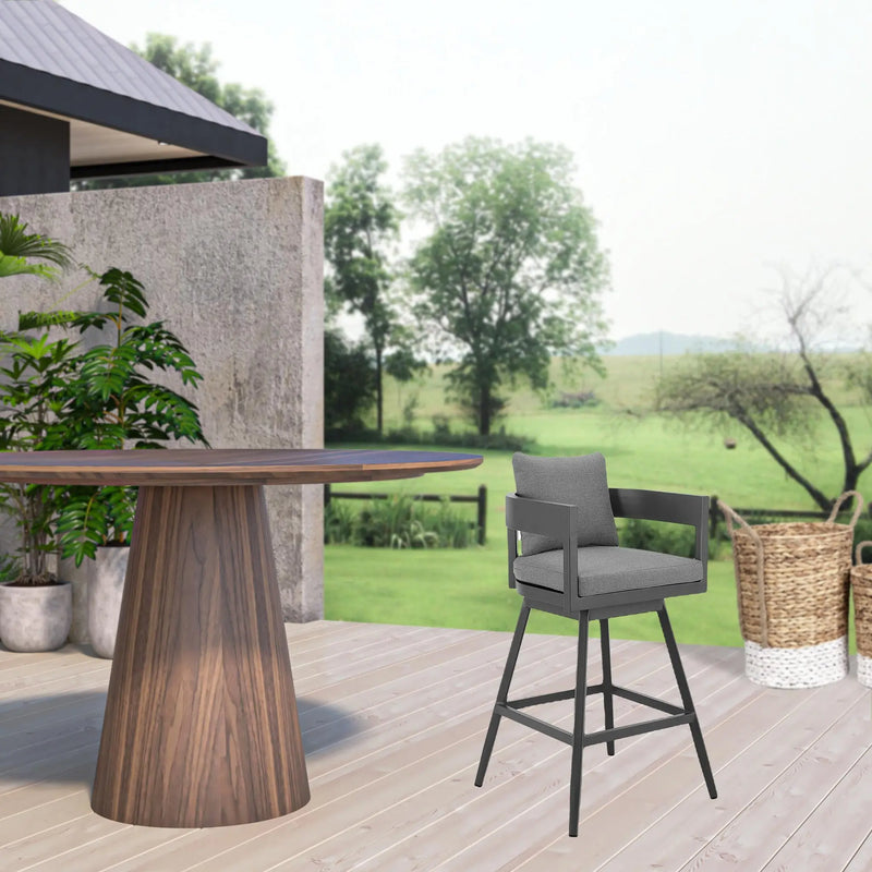 39" Dark Gray Metal Swivel Low back Outdoor Bar Height chair with Footrest Homeroots Outdoor