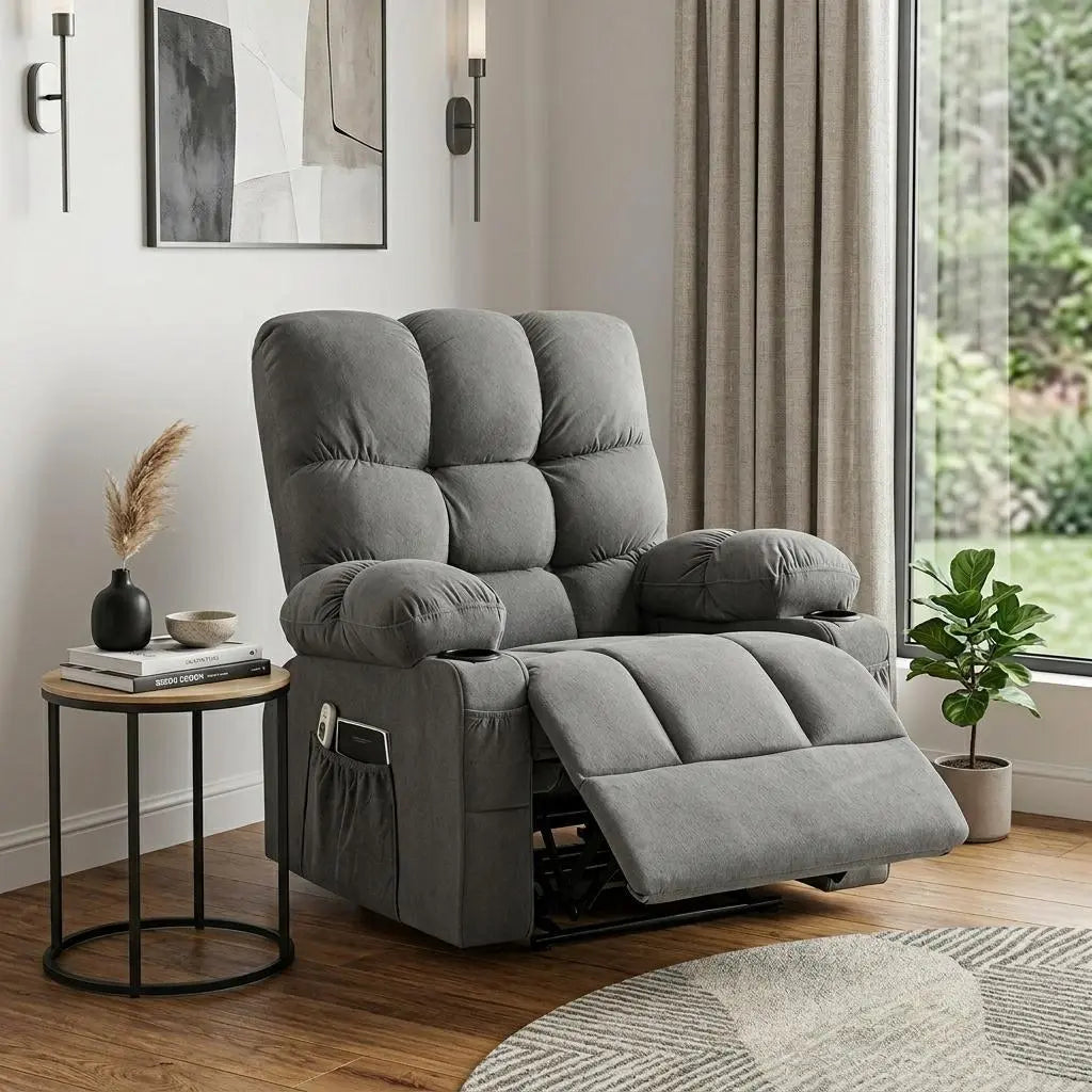 39" Gray Tufted Chenille Heated Massage Manual Rocker And Swivel Recliner With USB Homeroots Living Room