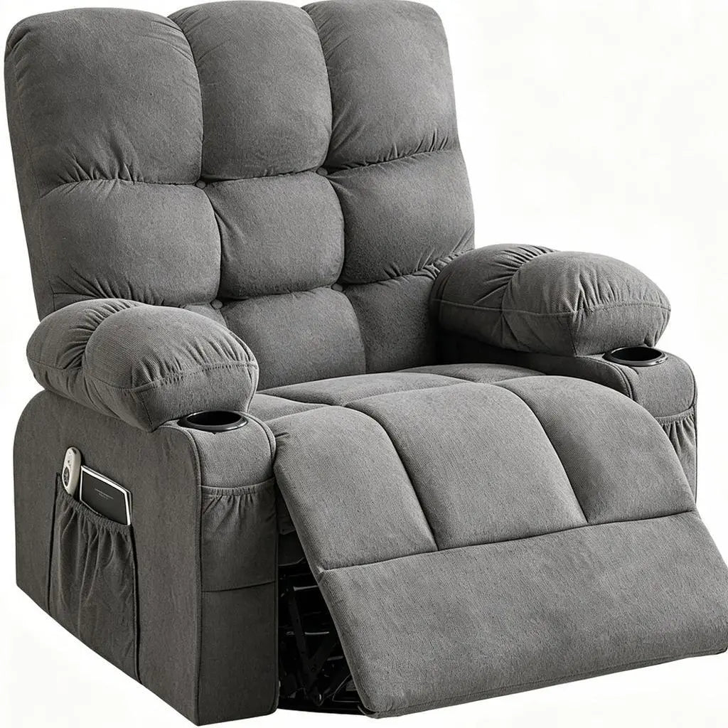 39" Gray Tufted Chenille Heated Massage Manual Rocker And Swivel Recliner With USB Homeroots Living Room