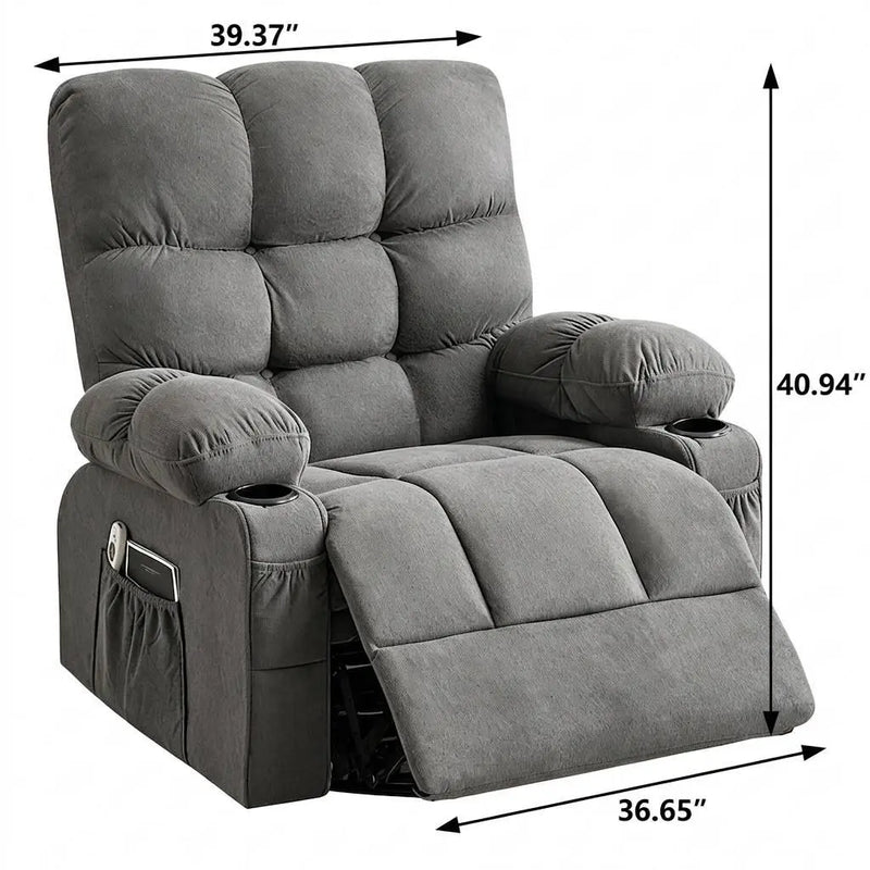 39" Gray Tufted Chenille Heated Massage Manual Rocker And Swivel Recliner With USB Homeroots Living Room