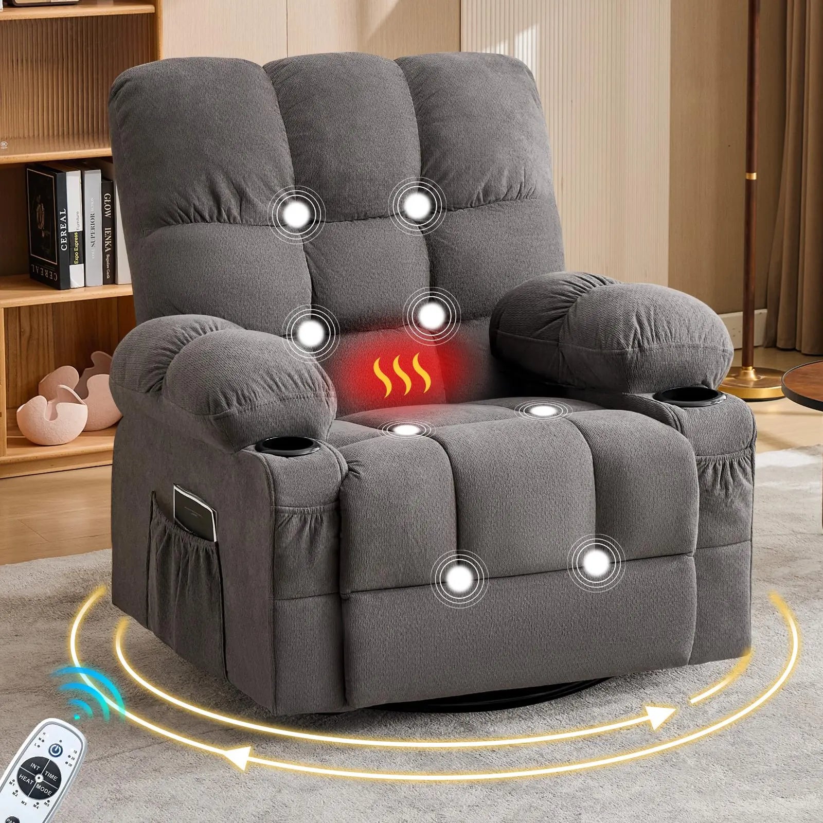39" Gray Tufted Chenille Heated Massage Manual Rocker And Swivel Recliner With USB Homeroots Living Room