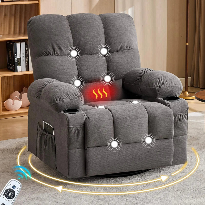 39" Gray Tufted Chenille Heated Massage Manual Rocker And Swivel Recliner With USB Homeroots Living Room
