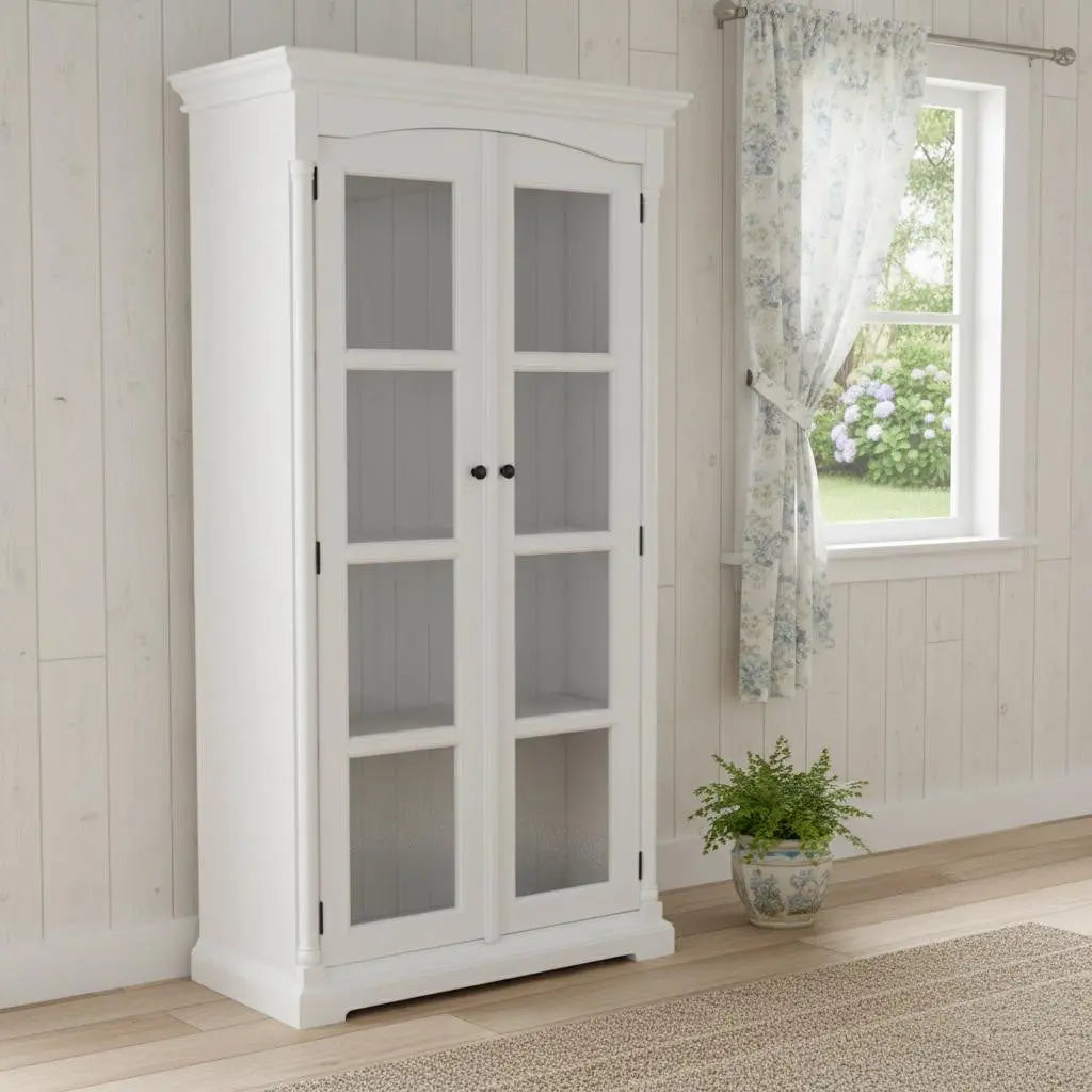 39" Off White Solid Wood Frame Curio Cabinet With Glass Doors Homeroots Kitchen & Dining