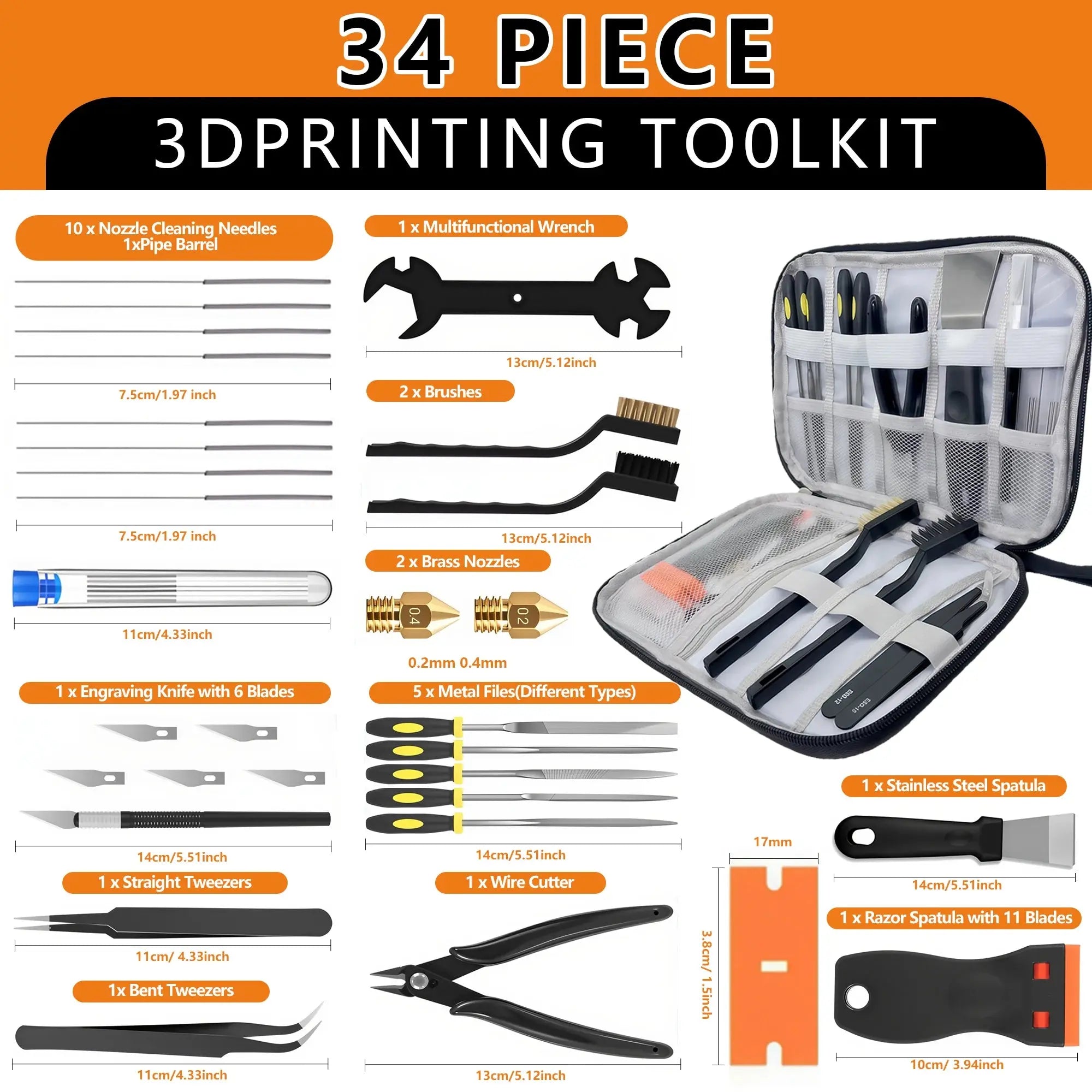 3D Printer Tool Kit 34PCS Maintenance with Nozzle Cleaning Tools, Scraper, Brushes, File Set, Cutter, Knife for FDM/SLA Printers GreatEagleInc