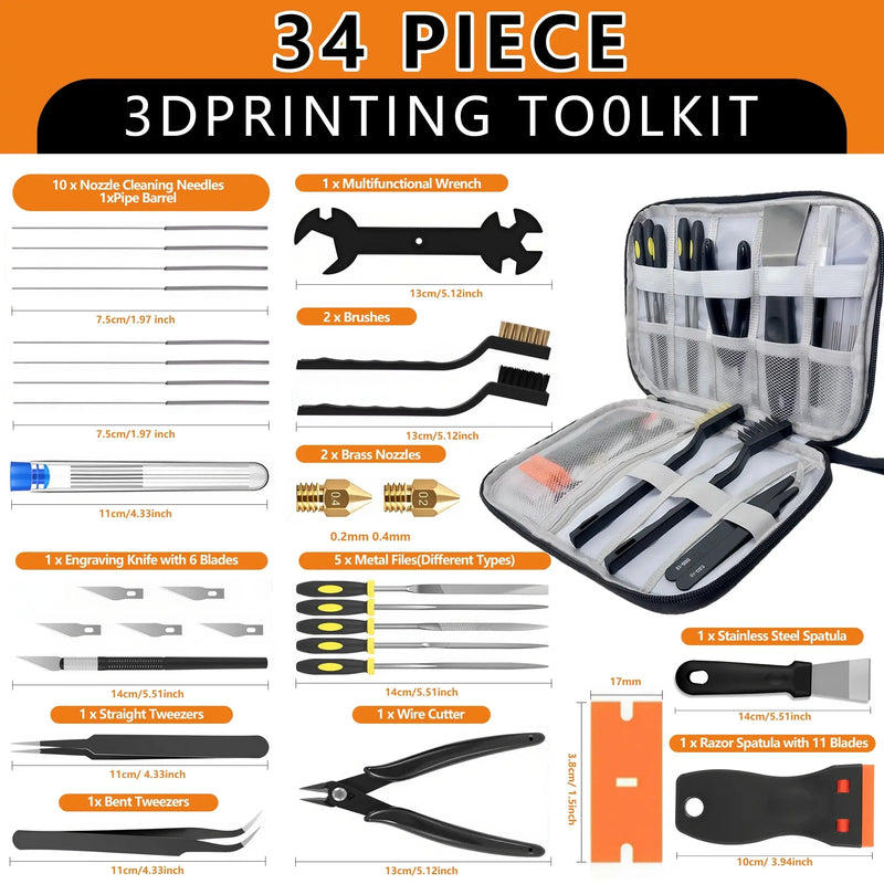 3D Printer Tool Kit 34PCS Maintenance with Nozzle Cleaning Tools, Scraper, Brushes, File Set, Cutter, Knife for FDM/SLA Printers GreatEagleInc