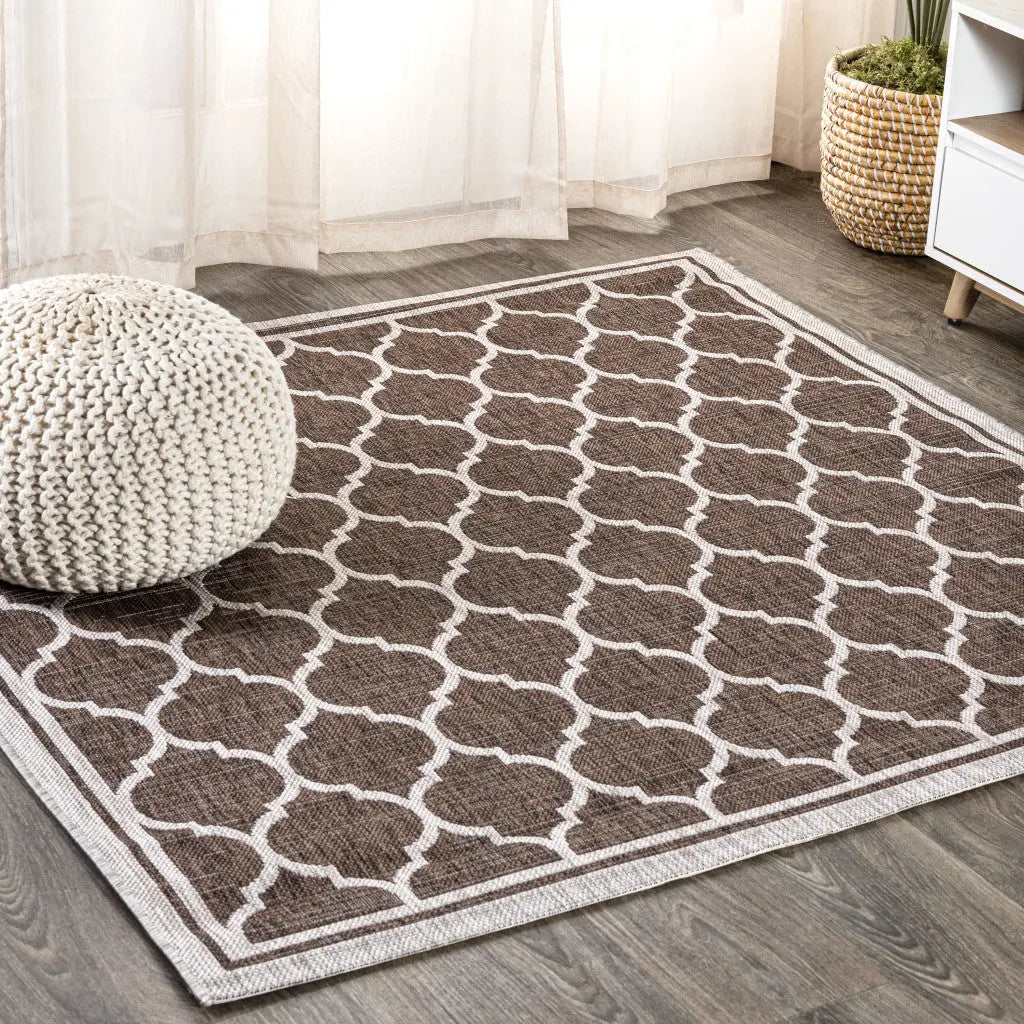 3' Espresso And Taupe Square Geometric Indoor Outdoor Area Rug - GreatEagleInc