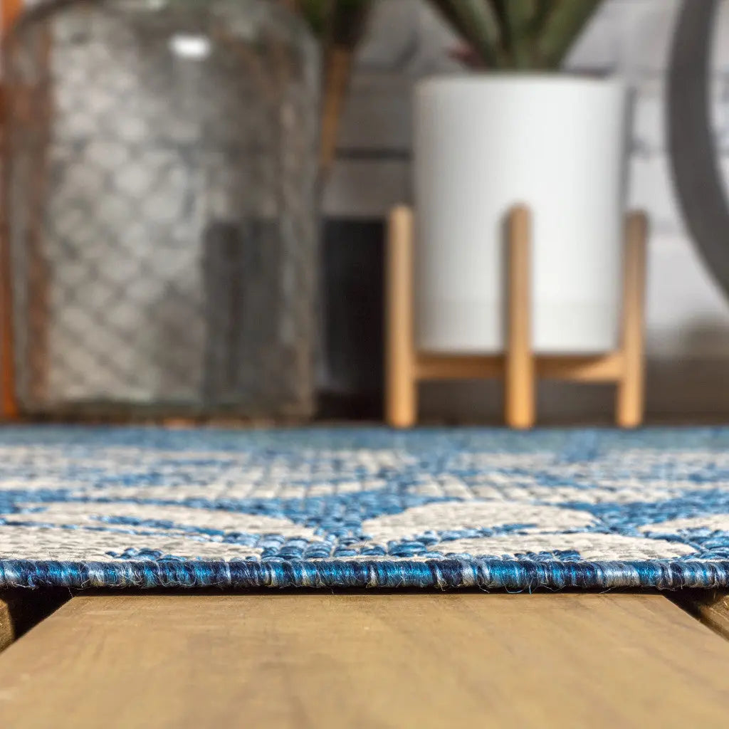 3' Navy Blue And Aqua Square Floral Indoor Outdoor Area Rug Homeroots Outdoor