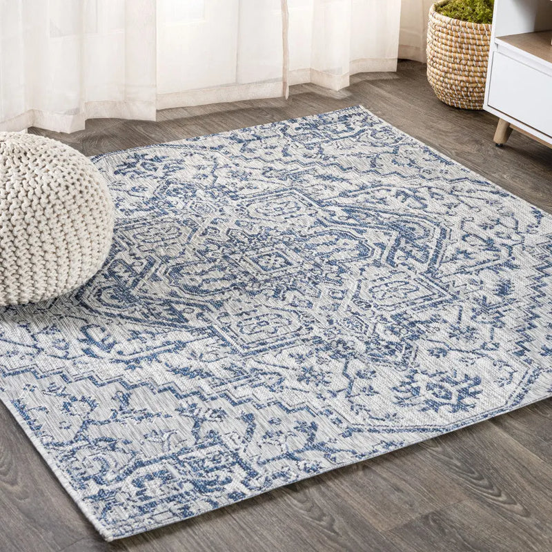 3' Navy Blue And Gray Square Medallion Indoor Outdoor Area Rug - GreatEagleInc