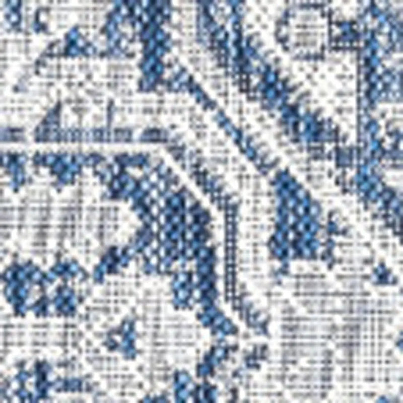 3' Navy Blue And Gray Square Medallion Indoor Outdoor Area Rug - GreatEagleInc
