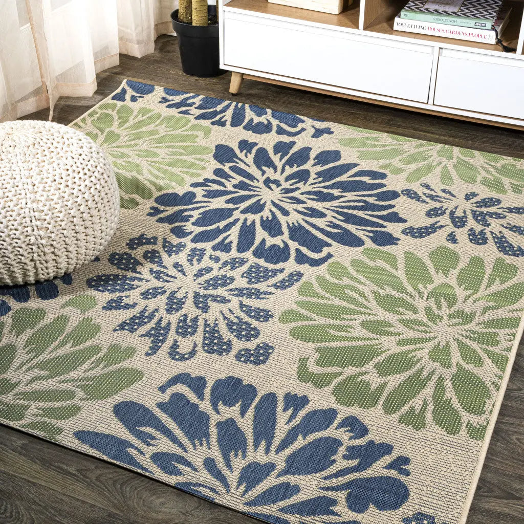3' Navy Blue And Green Square Floral Indoor Outdoor Area Rug - GreatEagleInc