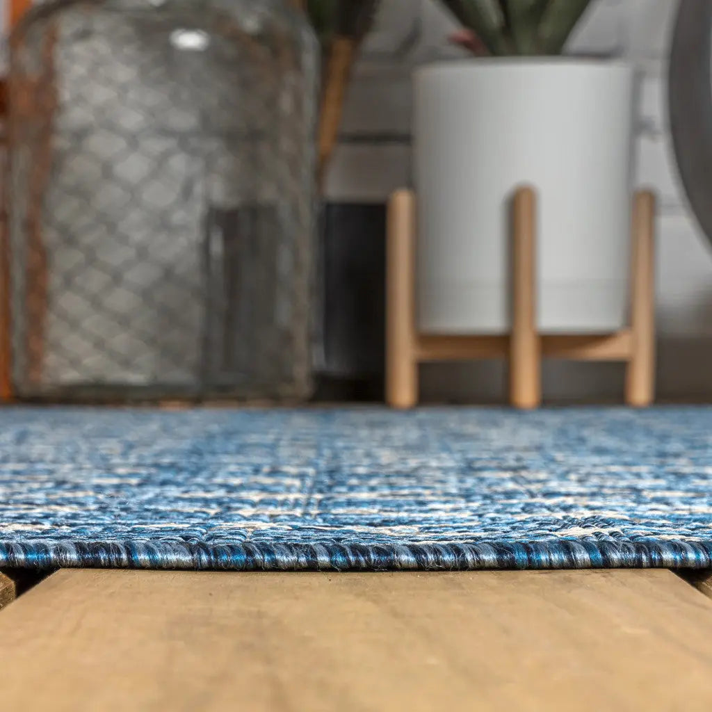 3' Navy Blue And Light Gray Square Trellis Indoor Outdoor Area Rug - GreatEagleInc