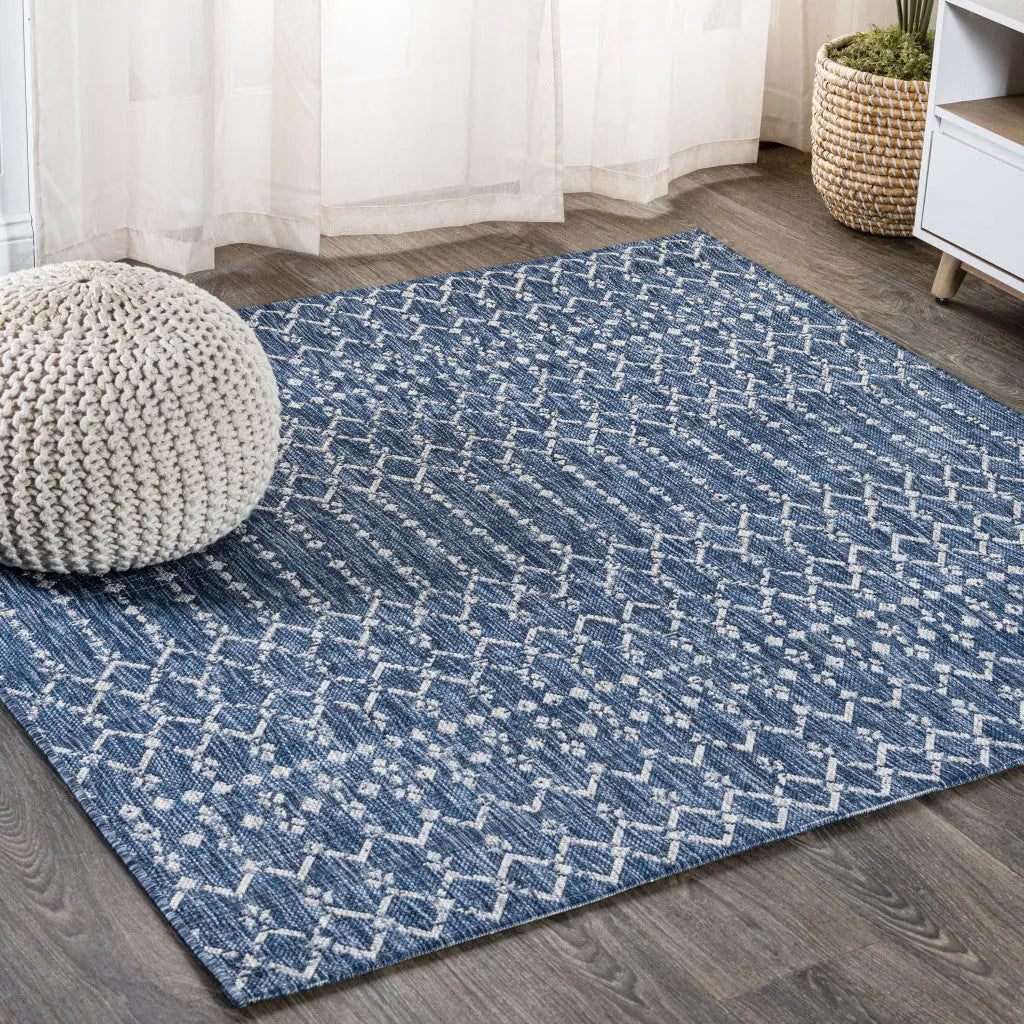 3' Navy Blue And Light Gray Square Trellis Indoor Outdoor Area Rug - GreatEagleInc