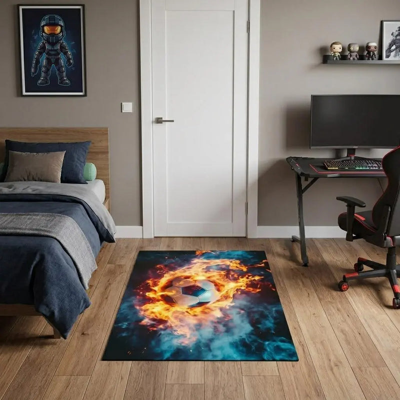 3' X 4' Black Orange And Blue Flaming Soccer Washable Area Rug With UV Protection Homeroots Home Decor