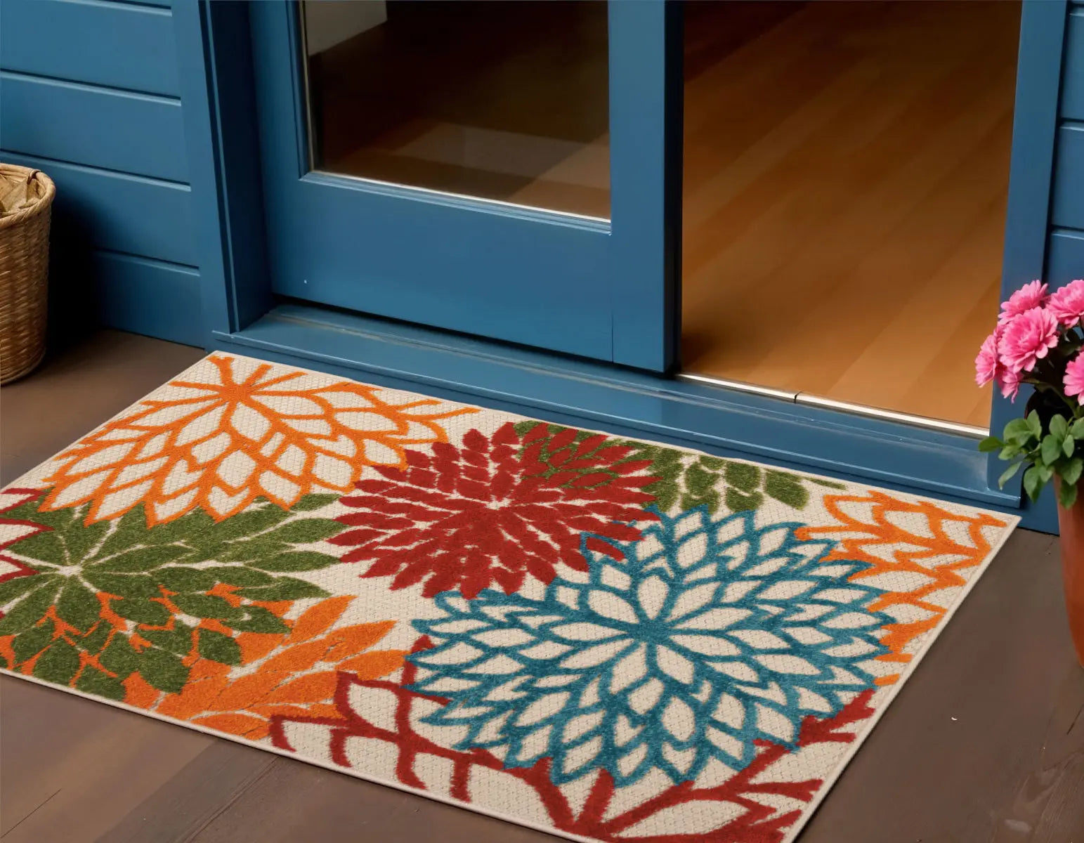 3' X 4' Green Orange And Red Floral Indoor Outdoor Area Rug Homeroots Outdoor