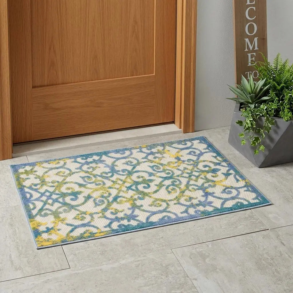 3' X 4' Ivory And Blue Indoor Outdoor Area Rug Homeroots Outdoor